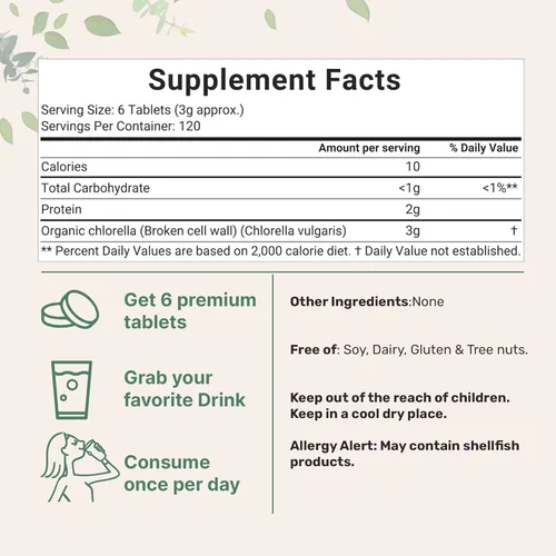 Vista 3 de Tabletas orgánicas de Chlorella, 500 mg por tableta, 720 pestañas (11.64 onzas), suministro de 4 meses, pared celular rota, rica en proteínas