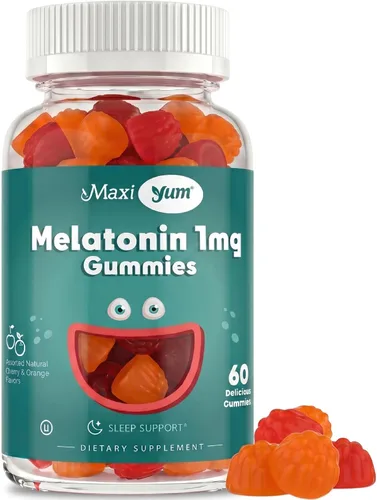 Maxi Health Gomitas de melatonina de 1 mg - Masticables de melatonina para niños con sabor natural a cereza y naranja - Suplemento de ayuda para