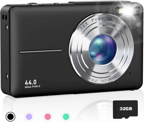 Cámara digital para niños, cámara digital 1080P FHD 44MP para apuntar y disparar para fotos con tarjeta de 32 GB, zoom 16X, cámara compacta regalos