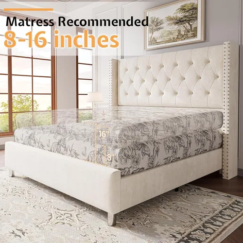 Vista 24 de Jocisland Base de cama tapizada de terciopelo tamaño King, con plataforma capitoné de perfil bajo, cabecera con alas elevadas, soporte de listones