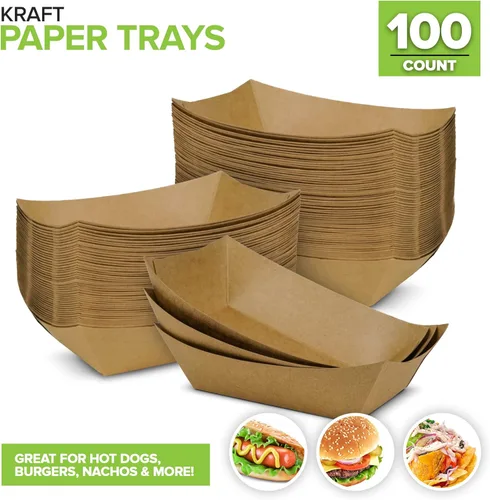 Vista 2 de Paquete de 250 bandejas desechables grandes de papel kraft marrón para alimentos, bandeja de concesión de 2 libras, botes para servir aperitivos