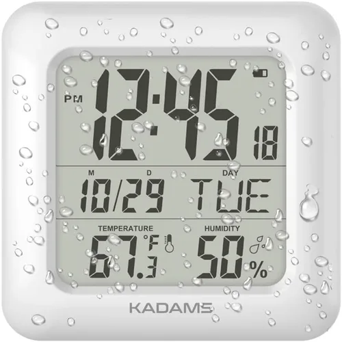 Vista 10 de KADAMS Reloj de pared de cocina de 9.5 pulgadas con pantalla LCD grande, reloj de ducha con ventosa, temperatura, humedad, calendario, resistente al