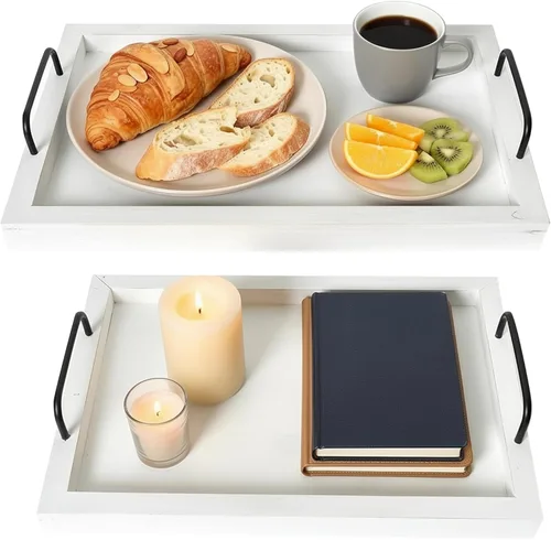 Vista 11 de Besti Bandejas rústicas vintage para servir comida (juego de 2) Tabla de madera anidable con asas de metal Elegantes bandejas de servir
