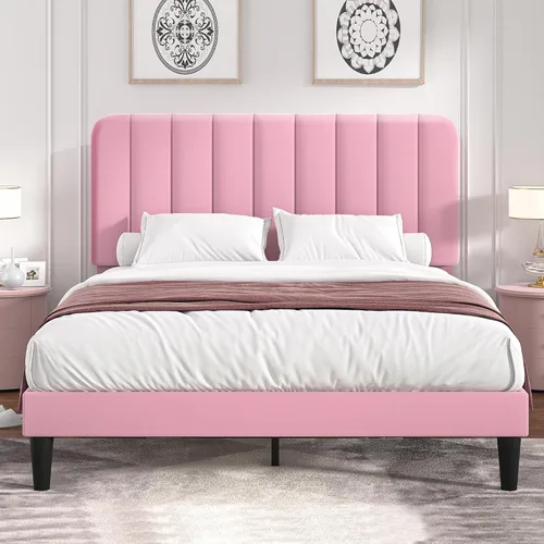 Vista 12 de VECELO - Base de cama tapizada de tamaño Queen con cabecera y 4 cajones, cama de plataforma de almacenamiento de terciopelo, soporte de listones