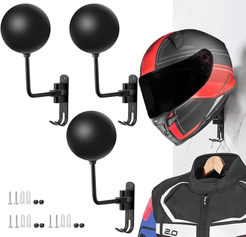 Vista 10 de SANGMO Soporte de casco de motocicleta de 180°, soporte de casco de metal giratorio para montar en la pared, soporte para casco de motocicleta con 2
