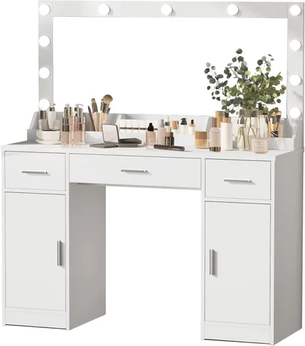 Vista 7 de MIRROTOWEL Escritorio de tocador de 47.5 pulgadas con espejo grande, 3 modos de iluminación de color, brillo ajustable, cómoda con 3 cajones y 2