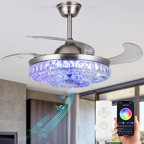 Vista 17 de MORE CHANGE Ventilador de techo retráctil de 42 pulgadas con luz y control remoto, candelabro negro cristal, moderno, comedor
