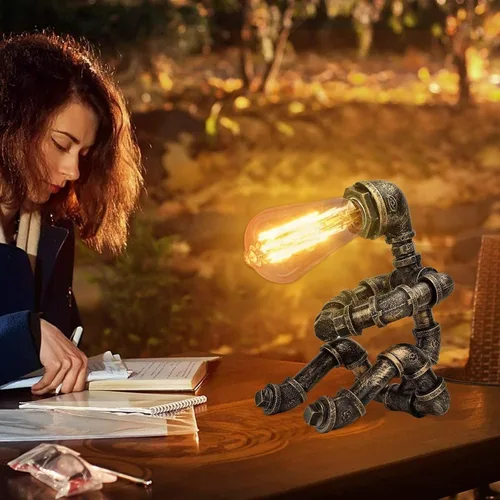 Vista 3 de Lámpara de mesa Steampunk, lámpara de mesa de robot industrial vintage, lámpara de mesa de tubería de agua, luz de escritorio estilo robot
