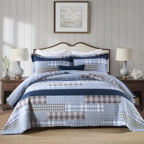 PANGUSHAN - Juego de edredón tamaño Queen, 100% algodón, juego de ropa de cama, colcha reversible ligera de estilo granja con diseño de retazos, Azul