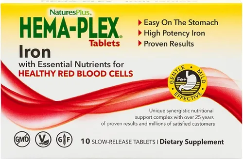 NaturesPlus Hema-Plex Iron - 10 tabletas de liberación lenta - 85 mg de hierro quelado - Salud total de la sangre - con vitamina C y bioflavonoides