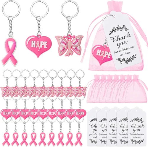 Taiyin Breast Cancer Awareness Gifts Pink Breast Cancer Keychain Bulk Pink Ribbon Butterfly Heart Keychains Breast Cancer