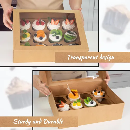 Vista 4 de 12 cajas para cupcakes con ventanas, 6 contenedores de papel kraft para cupcakes con inserto para 72 cupcakes para cumpleaños, vacaciones, fiestas