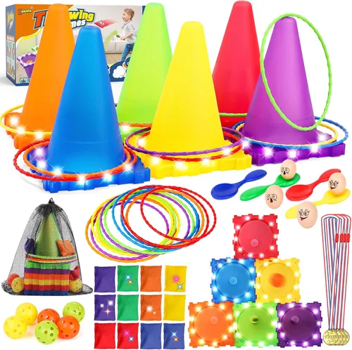 Eocolz Juego combinado de 49 piezas de juegos de carnaval al aire libre para niños con luz LED, conos de plástico, obstáculos, puf, bolas de