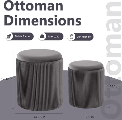 Vista 3 de Royal Windsor Juego de 2 otomanas redondas con almacenamiento, taburete de tocador con almacenamiento para dormitorio, mesa de centro otomana