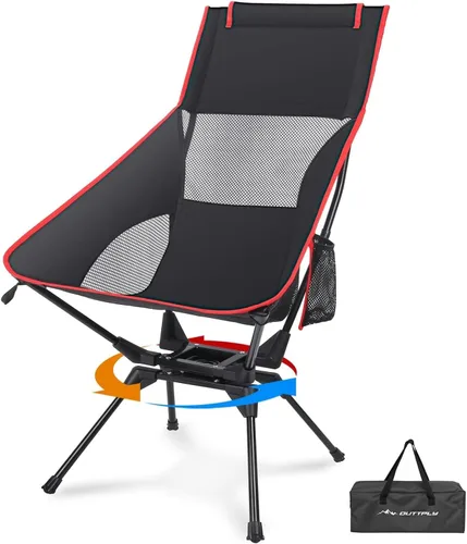 High Back Camping Chair, Swivel Folding Chair with Head Support, Side Cup Pocket, Flexible 360° Rotation, Portable Outdoor Foldable Chair for