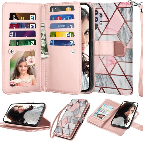 Njjex Funda para Samsung Galaxy A32 5G, para Galaxy A32 5G, [9 ranuras para tarjetas] Funda de piel sintética para tarjetas Folio Flip [desmontable]