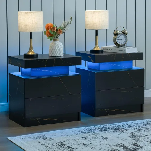 Vista 16 de Generic Juego de 2 Mesitas de noche con 2 cajones, mesa de noche con cajones para muebles de dormitorio, mesa auxiliar con luz LED, color negro