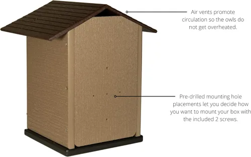Vista 6 de JCS Wildlife Caja anidable de búhos chillidos de polietileno marrón y tostado, ideal para búhos sierreros y cernícalos también, limpiar la puerta