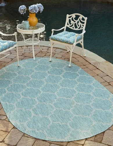 Unique Loom Outdoor Trellis Collection Alfombra de Área (5' 1" x 8' Oval, Aguamarina/Gris)