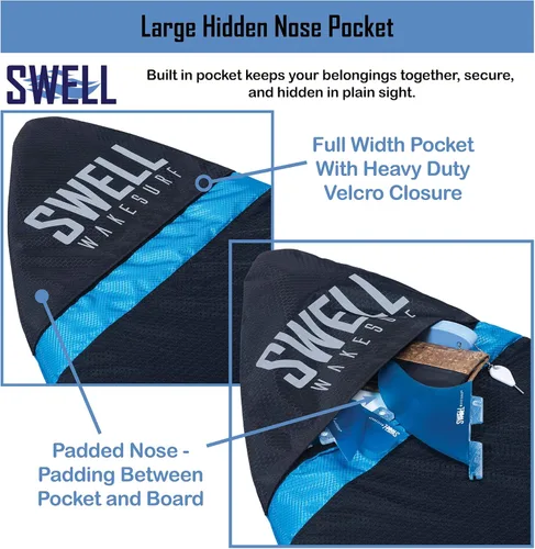 Vista 4 de SWELL Wakesurf - Calcetín de wakesurf de longitud ajustable con nariz acolchada y bolsillo, cubierta de wakeboard, talla única para todas las bolsas