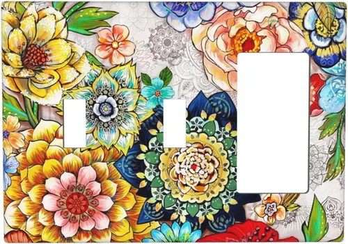 Vista 117 de Placa de Pared en Blanco de 1-Gang Sin Dispositivo Beige Lindo Vintage Boho de los 70s Hongo Fungus Planta Floral Botánica Libélula Interruptor