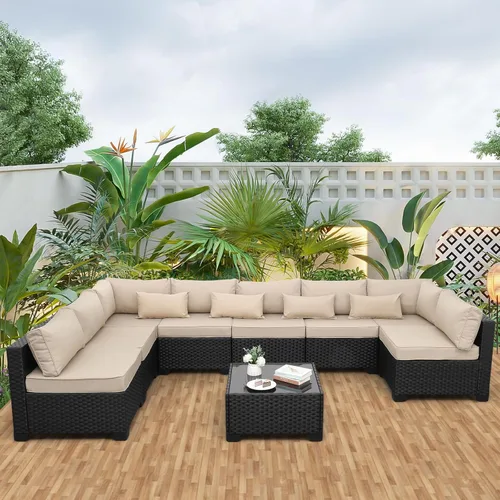 Vista 9 de Juego de 9 piezas de muebles seccionales para exteriores de mimbre resistente a la intemperie, seccional de patio y mesa de patio de vidrio, cojines