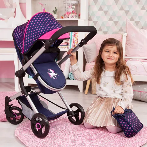 Vista 6 de Bayer: Cochecito Vario para muñecas con asa reversible ajustable, para muñecas de hasta 52 cm, diseño de unicornio azul y rosa, convertible a jogging