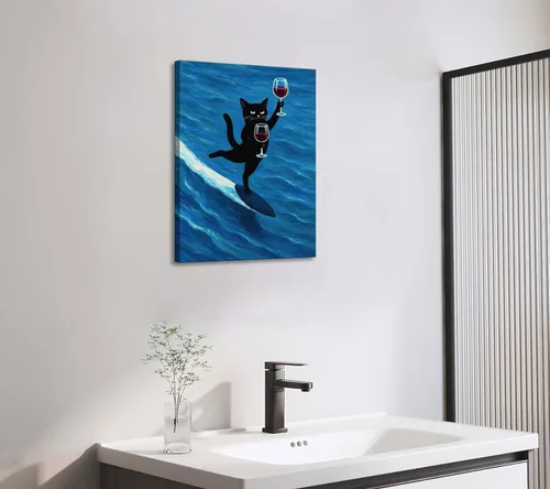 Vista 8 de Divertido arte de pared de gato negro con impresión de lienzo de copa de vino, decoración de carrito de bar, pósteres modernos de animales