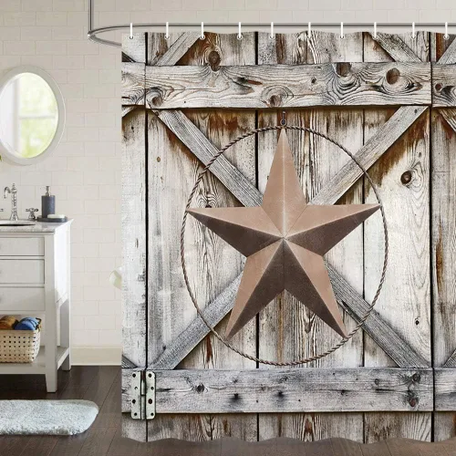Vista 28 de JAWO Cortina de ducha rústica para puerta de granero, estilo occidental, para baño, tablero de madera marrón, tela impermeable de poliéster