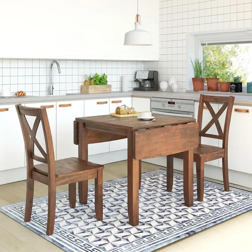 Vista 43 de Juego de mesa de comedor de 3 piezas con altura de mostrador, juego de comedor de madera maciza con 2 taburetes tapizados, mesa de comedor