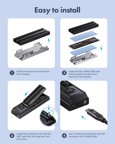 Vista 6 de HIMARS M.2 NVMe SSD Disipador de calor 20Gbps Dock externo con ventilador de enfriamiento, soporta llave M y llave B+M (US-2630)