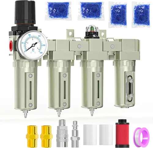 Vista 10 de 1/2" NPT Sistema de secado de aire de tres etapas de grado industrial resistente, drenaje automático, filtro coalescente, filtro de partículas
