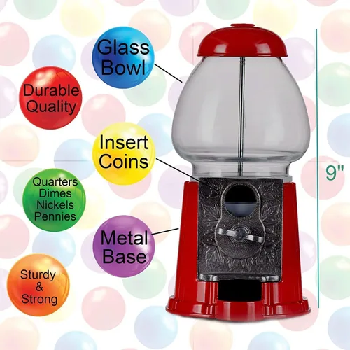 Vista 2 de Máquina de chicles para niños de 9" - Metal resistente con vidrio - Máquina de chicle de estilo antiguo de Navidad - Banco de juguetes operado