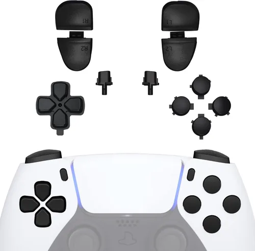 eXtremeRate Juego de teclas de reemplazo D-pad R1 L1 R2 L2, botones de compartir, opciones, frontales, juego completo de teclas negras compatibles