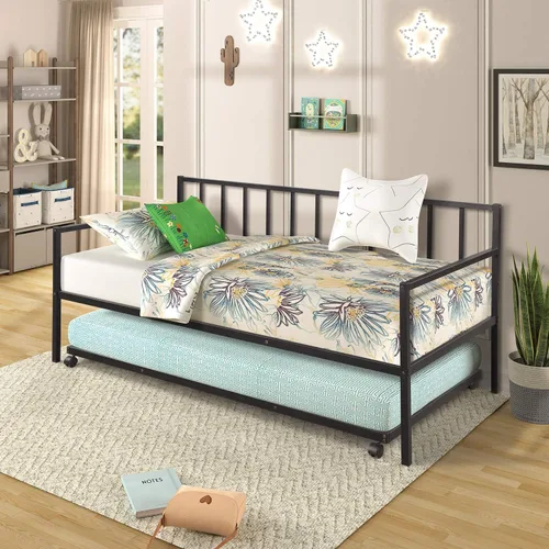 Vista 7 de Daybed with a Trundle Twin, Steel Bed Frame Twin with Headboard Footboard Metal Slats No Box Spring Needed Heavy Duty Space Saving Design-Black for