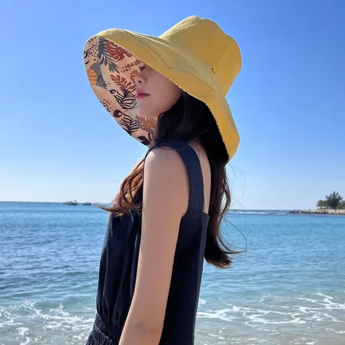 Vista 3 de Sombrero de sol de ala súper ancha para mujer, de algodón, plegable, reversible, con borde con cable, protección UV, verano, playa, viajes, jardín