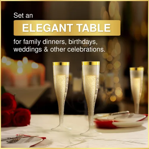 Vista 7 de 36 copas de champán de plástico, vasos de plástico de 6.5 onzas, borde dorado y purpurina dorada, decoración de brunch, flautas de plástico