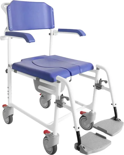 Vista 9 de KMINA Silla de ducha con ruedas para personas mayores (versión 2.0 con frenos mejorados), silla con ruedas ajustable y cómoda, color negro