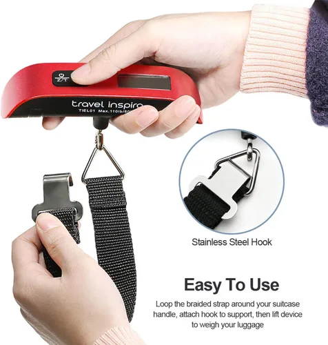 Vista 3 de Travel Inspira Báscula digital de equipaje con pantalla LCD de alerta de sobrepeso, 110 libras 110.2lbs de acero inoxidable
