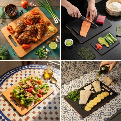 Vista 2 de Juego de 3 tablas de cortar de madera aptas para lavavajillas para cocina, juego de 3 tablas de cortar de madera de doble cara, 0.39 pulgadas