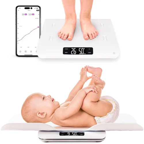 Vista 8 de Greater Goods Báscula de bebé para recién nacidos con pesaje, báscula digital para bebés con bandeja, función de sujeción para el movimiento