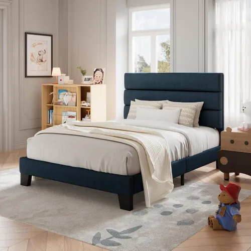 Vista 26 de Allewie Base de cama de plataforma tamaño Queen con cabecera tapizada de terciopelo y soporte de listones de madera, base de colchón completa,