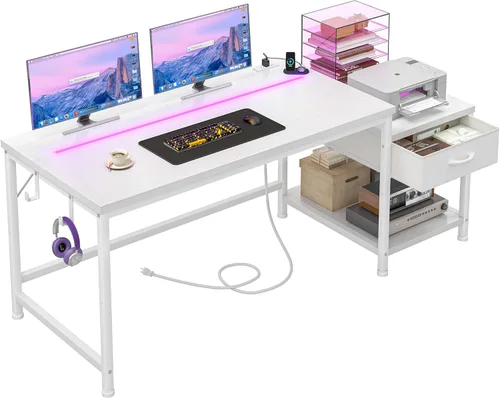 Vista 13 de DurayLoly Escritorio para juegos de 48.1 pulgadas con luces LED y tomas de corriente, escritorio reversible para computadora con cajones y estante