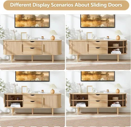 Vista 21 de Soporte de TV, mesa consola multimedia con puerta corredera y compartimento de almacenamiento, centro de entretenimiento moderno con almacenamiento