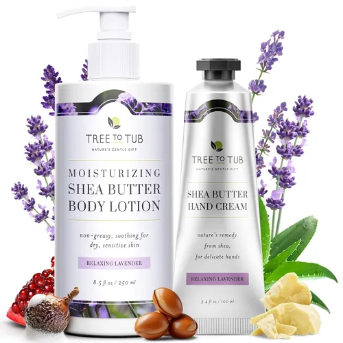 Tree to Tub Loción corporal de manteca de karité de lavanda para piel seca - Loción hidratante para piel sensible - Crema de manos de manteca de