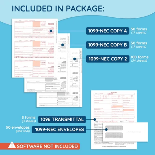 Vista 2 de Blue Summit 50 Formularios 1099 NEC 2025 con Sobres, 50 Formularios de Impuestos 1099 NEC 2025, Kit de 4 Piezas, Compatible con QuickBooks