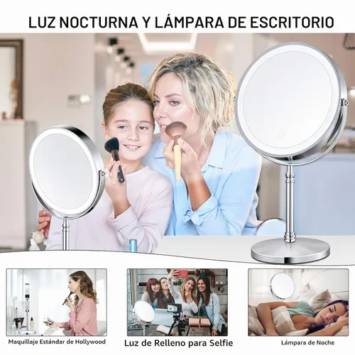 Vista 7 de Espejo de maquillaje iluminado de 8 pulgadas, espejo de maquillaje 10X con luces, espejo de aumento regulable de doble cara con luz, recargable