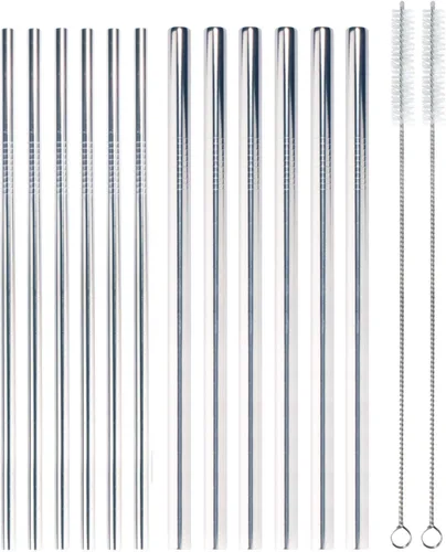 Vista 6 de BambooMN Pajitas reutilizables de metal de acero inoxidable – Pajitas dobladas de 8 pulgadas con 1 cepillo de limpieza – Paquete de 6