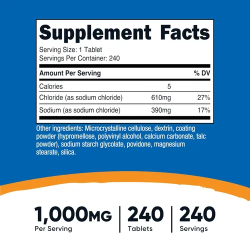 Vista 2 de Nutricost Cloruro de sodio 1000 mg, 240 comprimidos, tabletas de sal, sin gluten Sin OGM