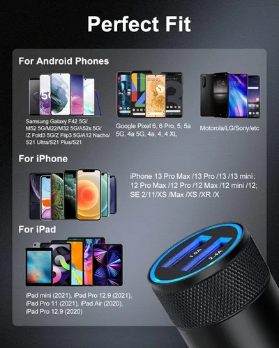 Vista 7 de Cargador de Coche, [2Pack/3.4a] Carga Rápida Puerto Dual USB Cargador de Encendedor para iPhone 15 14 13 12 11 Pro Max X XR XS 17 Plus 16, iPad